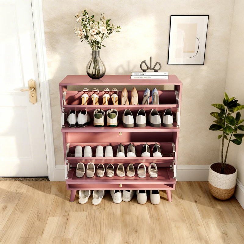 16 Pair Shoe Cabinet With 2 Flip Drawers And Adjustable Shelves, Freestanding Shoe Storage Organizers With Fluted Arched Pattern
