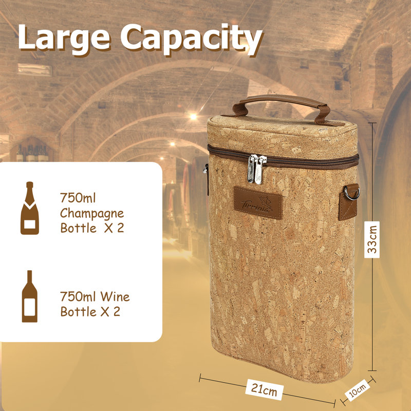 Cork Insulated 2 Bottle Wine Carrier Tote Bag