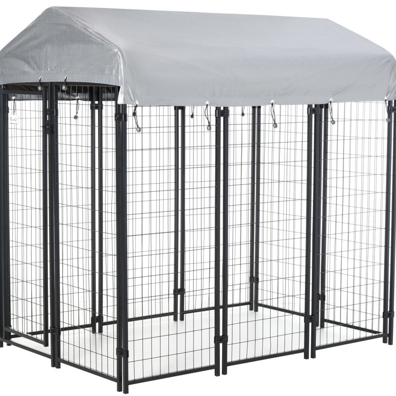 Piste pour chien d'extérieur 6 pi x 4 pi 6 po, porte verrouillable et bâche à eau pour chenil moyen et grand, auvent moyen / grand