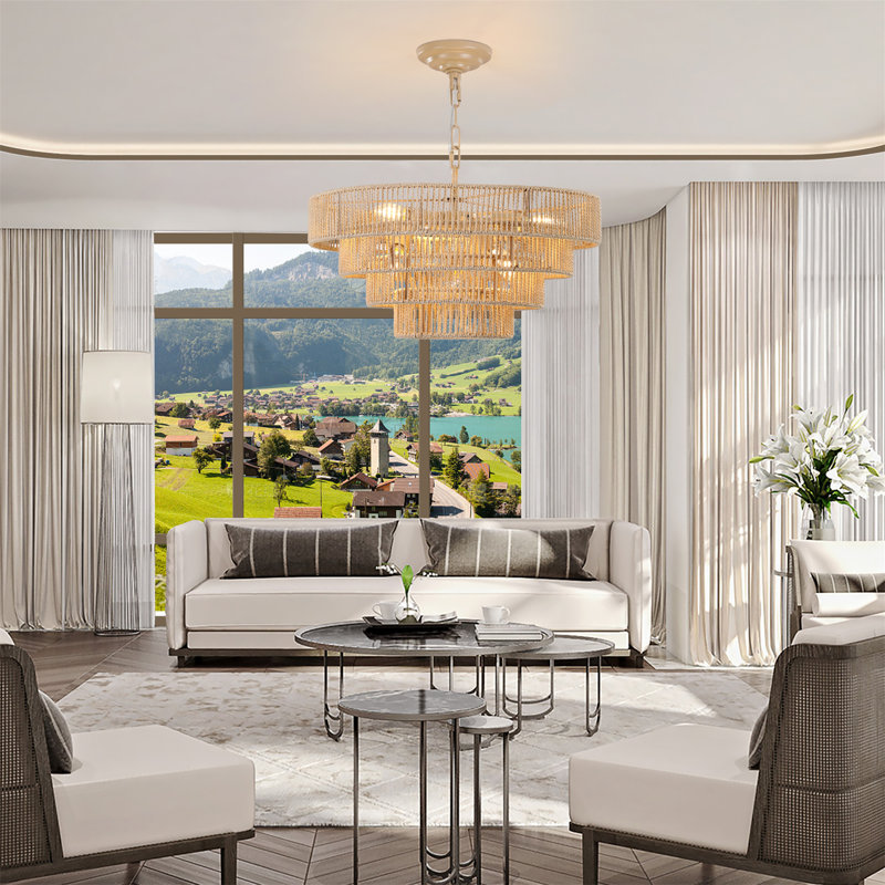 Luxurious Gold 4-Tier Rattan Chandelier Pendant Light