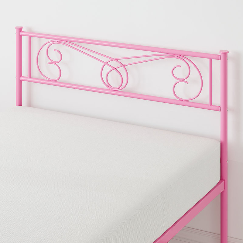 Twin  Charming Pink Metal Platform Bed Frame for Kids with Double Bend Flower Headboard & Footboard, Heavy Duty Steel Slat Support, Noise-Free, Easy Assembly - Pink