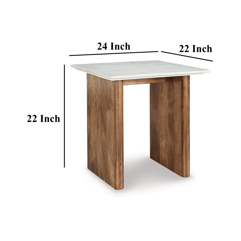 Light Brown and White Mango Wood End Table with Marble Top