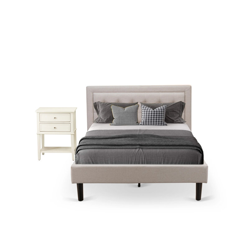 Ensemble de lit plateforme 2 pièces avec 1 lit double et une table de bout pour la chambre à coucher - Fabrication fiable et durable - Tissu en lin beige brume
