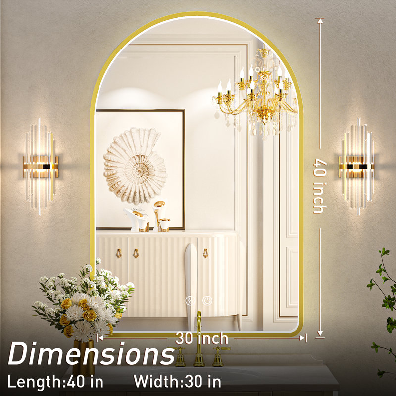 LED Bathroom Mirror with Lights, Arched Lighted Vanity Mirror with Anti-Fog, Memory Function,Dimmable, Golden, 40" x 30"
