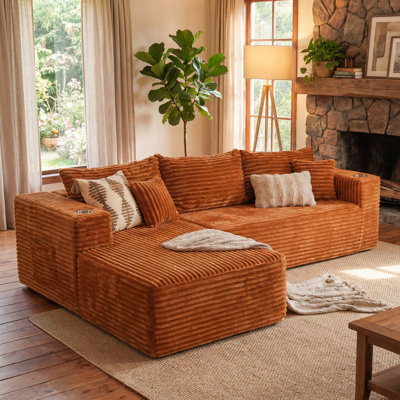 Sectional Upholstered L-Shaped Compression Sofa With Chaise Lounge, Orange, Left Hand Facing