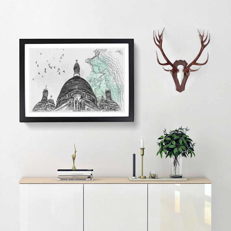 Birds Above Sacre Coeur Paris in Abstract - Picture Frame Graphic Art Print, 48cm H x 65cm W x 2cm D, Black Framed