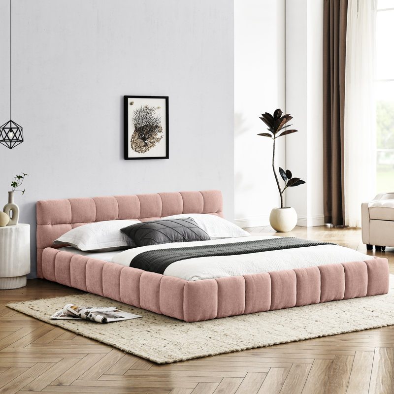 Structure de lit grand format - plateforme en chenille rose avec tête de lit et revêtement solide, Rose
