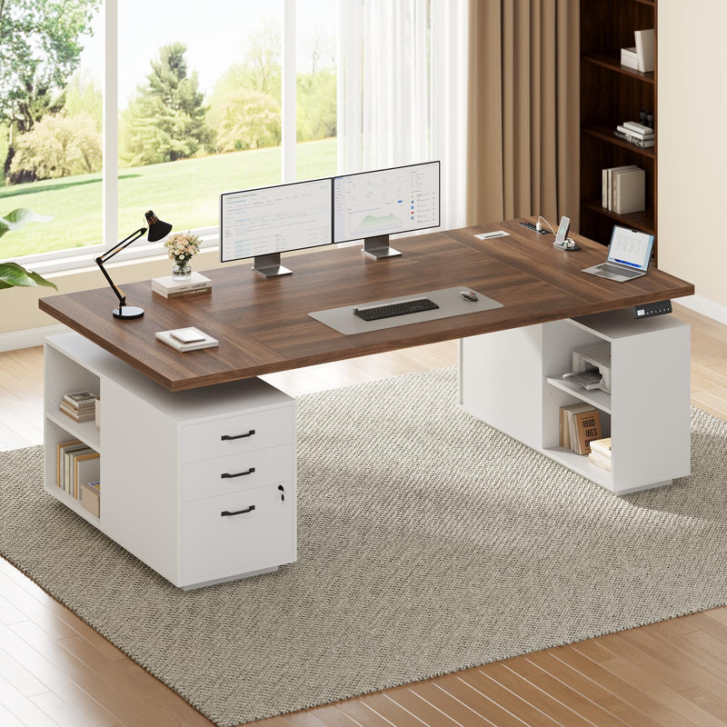 Bureau électrique debout avec prise de courant, bureau de direction avec classeur verrouillable et compartiments de rangement ouverts, bureau personnel, blanc