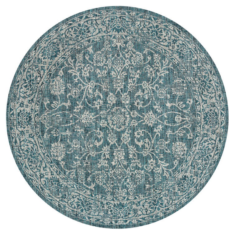 Leonora Bohemian Textured Weave Floral Teal/Gray Indoor/Outdoor Rug