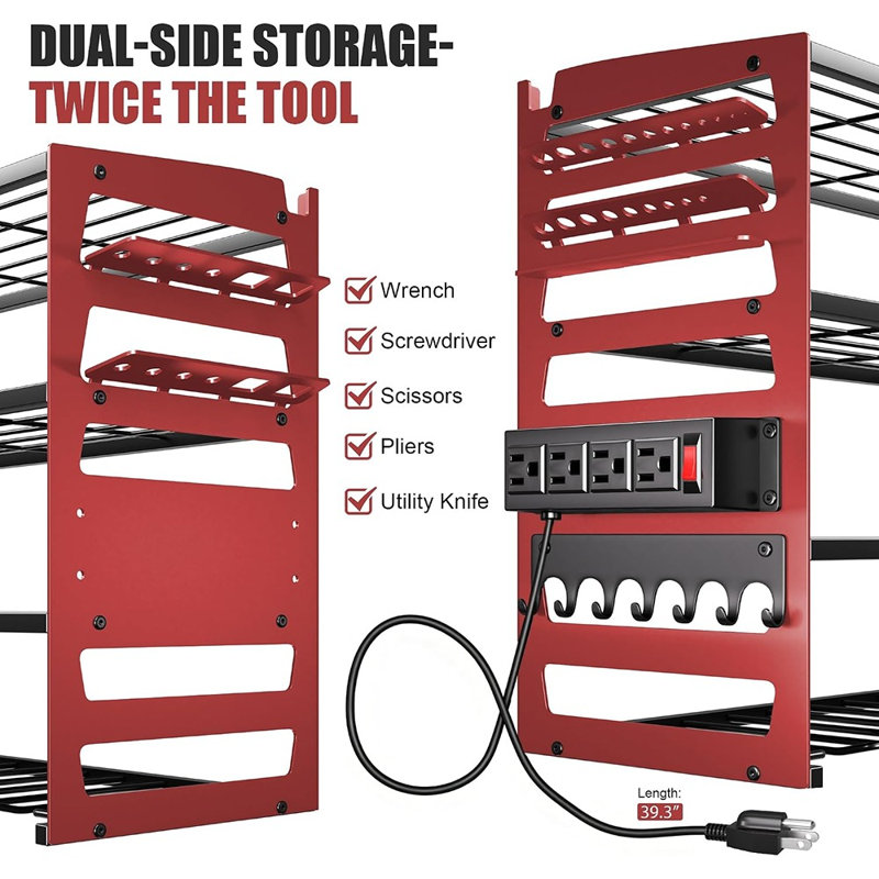 Support mural robuste pour outils électriques, avec rangement intégré rouge.