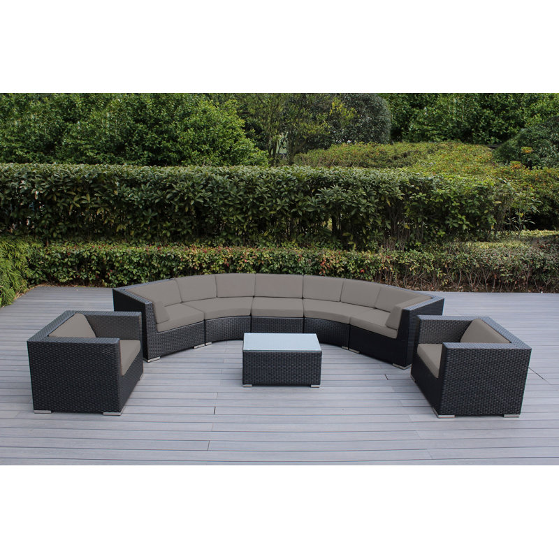 Ensemble de conversation incurvé 7 personnes avec coussins Billyjo Wicker, Noir, Toile Sunbrella® taupe