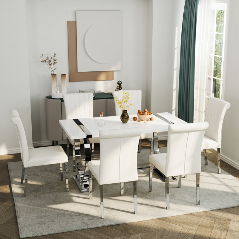 Luxury Leather Dining Room Chairs With Rolled Back Design And Polished Legs, White, Silver