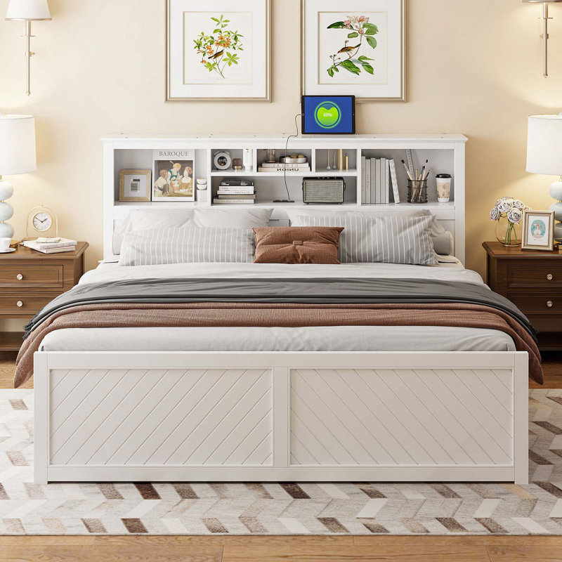 Lit plateforme très grand en bois avec tête de lit multi-rangement, USB et tiroirs, White