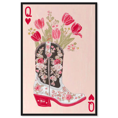 Tulips Cowgirl Boot Card Pink Canvas Print Pink Wall Decor by Art Remedy, Black Frame, 24 x 36
