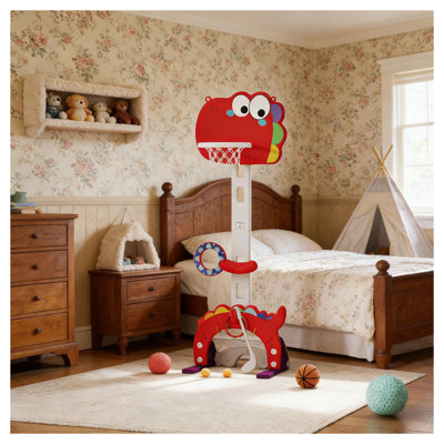 Support de panier de basketball réglable en hauteur pour enfants avec thème de dinosaure en rouge