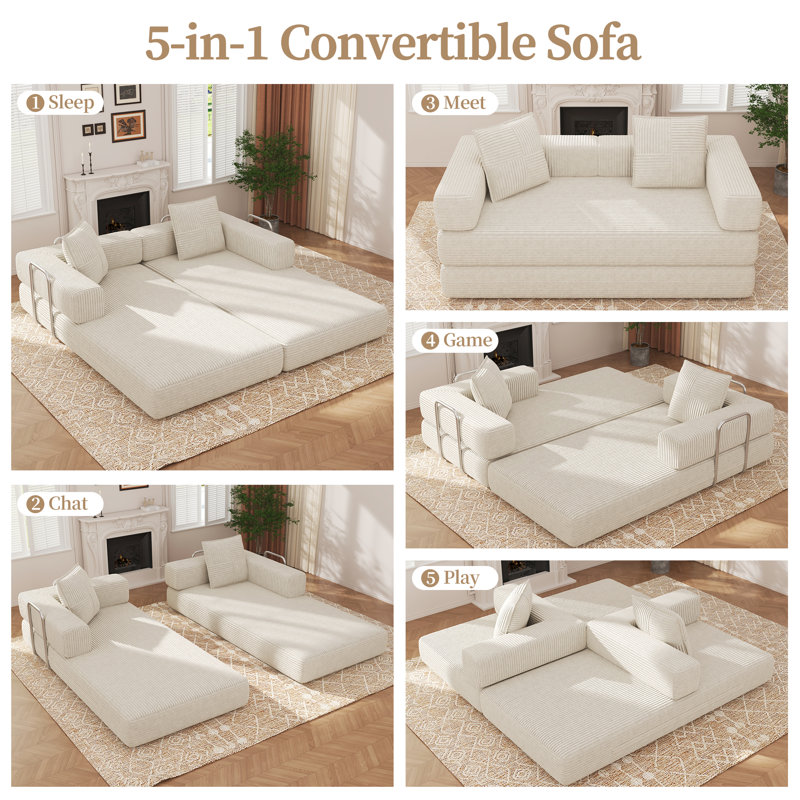 Canapé-lit de sol convertible de 63 po en velours côtelé 4-en-1 pour salon, sans assemblage requis, Beige
