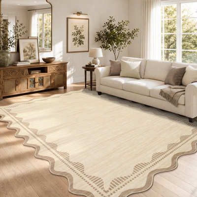 Tapis festonné en fausse laine à bordure festonnée, tapis d'intérieur lavable minimal, tapis antidérapant pliable et antidérapant
