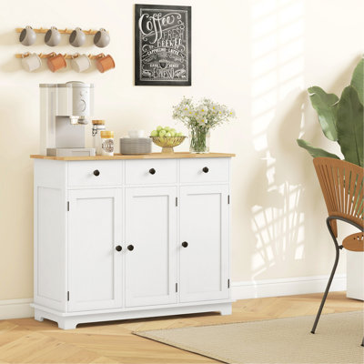 Distressed White Sideboard Buffet Cabinet, 3 Drawers, Cabinet Doors & Adjustable Shelf, Modern Kitchen Storage Credenza