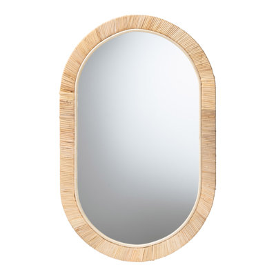 Miroir ovale moderne en bois d'acajou brun naturel et rotin naturel
