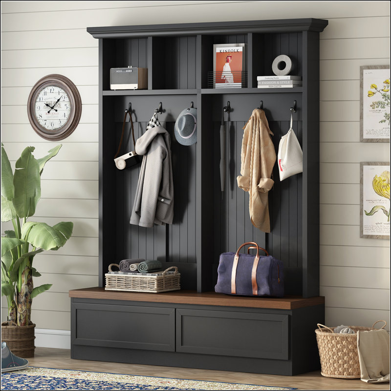 Farmhouse 4-in-1 Hall Tree with Wood Grain Bench and Large Storage