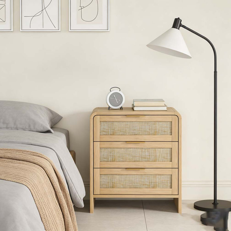 Table de chevet en rotin avec station de charge, Caramel, 1
