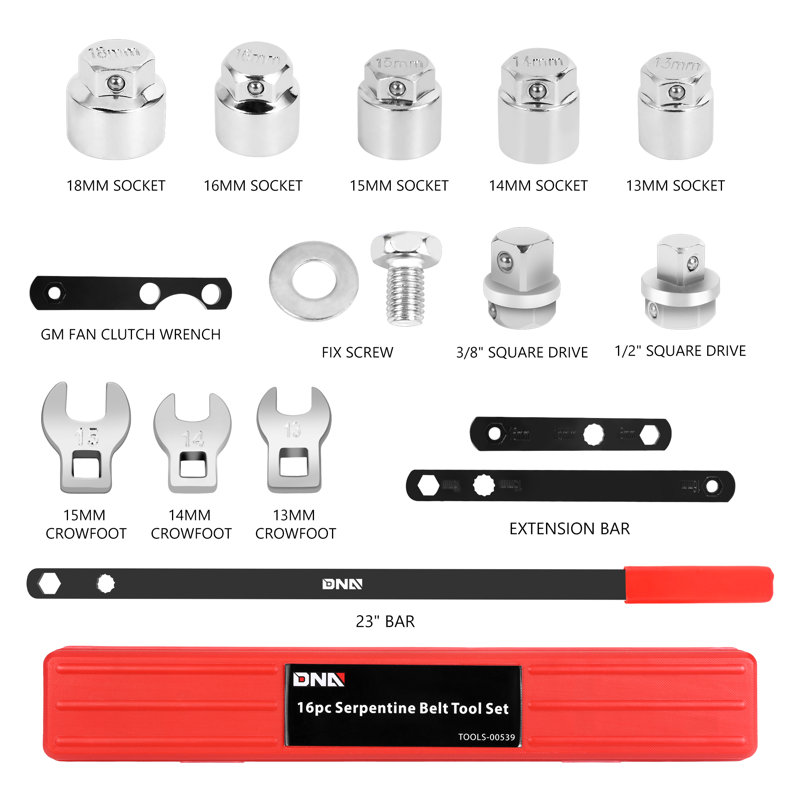 16pc Serpentine Belt Tool Set, Install Remove Serpentine Belts For Spring Loaded, With Case