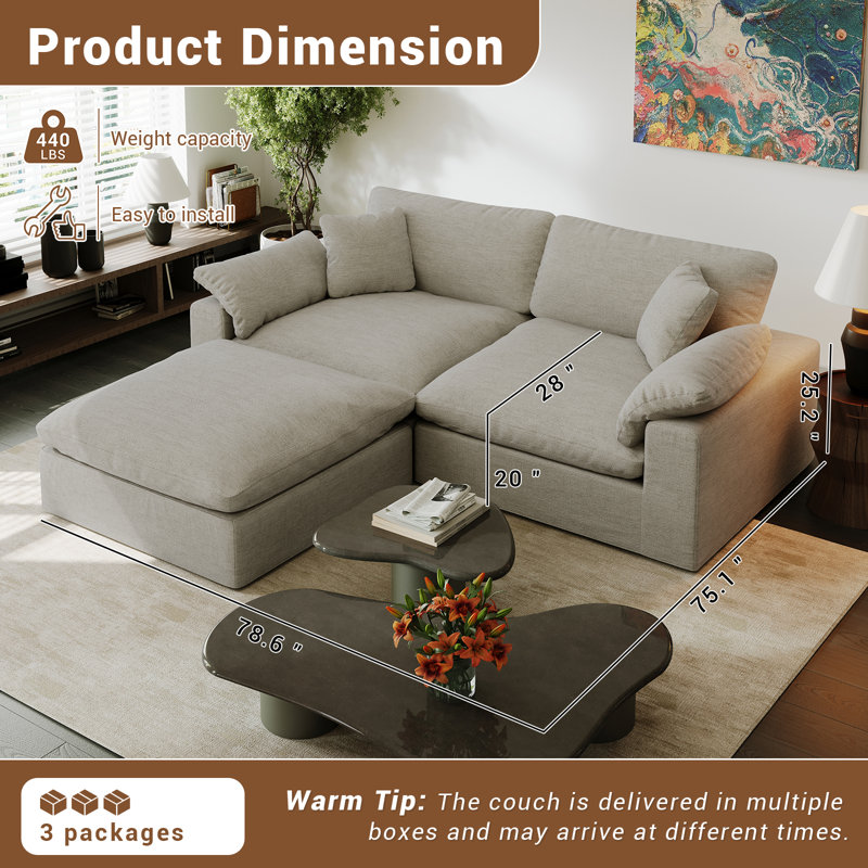 Phinnaeus Upholstered Sofa, Cloud Sofa Deep Seat Modular Sectional Sofa Couch for Living Room Bedroom Offiec, Light Gray