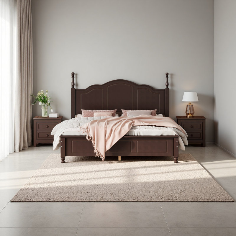 Lit plateforme en bois et deux tables de chevet, Grand lit, Noyer foncé