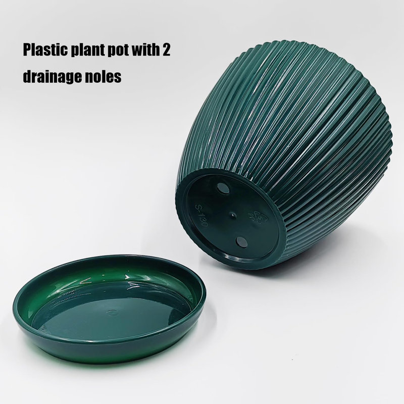Dark Blue Ribbed Plastic Planter Set with Saucers - 6 Pieces