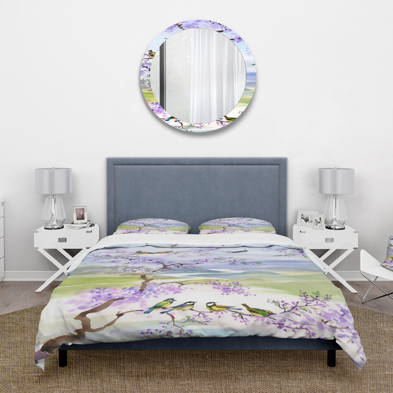 Birds On Cherry Branch - Ensemble de housse de couette traditionnel - Microfibre de polyester
