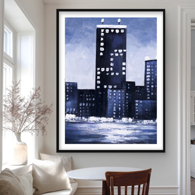 Dark Blue Cityscape - Blue Office Framed Matted Print Decor