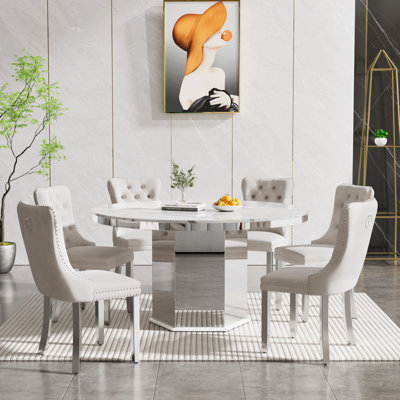 Round Faux Marble Dining Table Set, 47.24"-63" Extendable Oval Dining Table & Tufted Velvet Chairs, Modern Mirrored Kitchen Dining Room Table and Chairs Set
