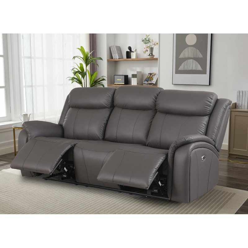 Edder Upholstered Vegan Leather Power Reclining Sofa With USB Port, Gray Leather