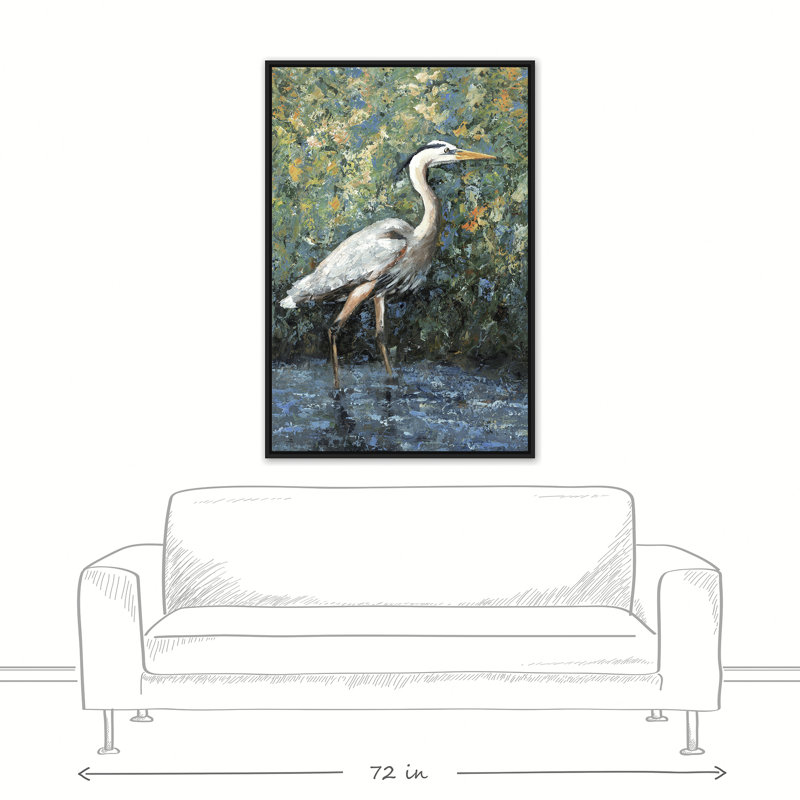 « héron », impression sur toile tendue, H 48 po x l 32 po, Cadre noir