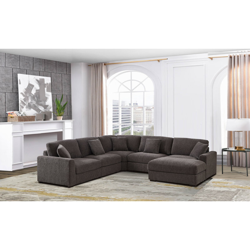 Angeliah 6 Seater Reversible Upholstered Corner Sectional, Dark Gray Polyester Blend