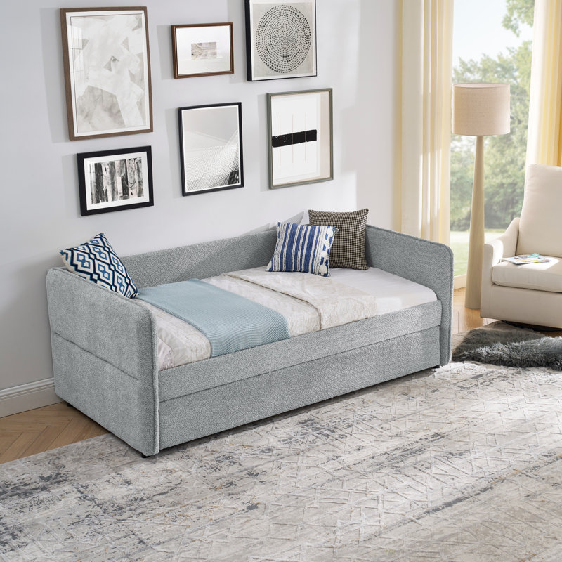 Lit de jour avec couchette rembourrée et capitonnée, tissu Boucle (lit de jour), Lit simple