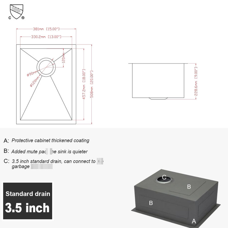 Évier de cuisine encastré en acier inoxydable de 15 po de profondeur de calibre 18 de 15 po, guide de drain en forme de X pour un fonctionnement en douceur et silencieux, revêtement épais pour arrêter la condensation, coussin de 3 m, inclus