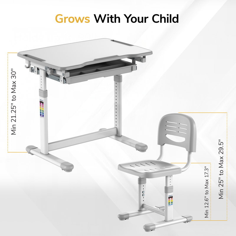 Montez-le! Ensemble de bureau et de chaise pour enfants, poste de travail ergonomique réglable pour enfants, Gris