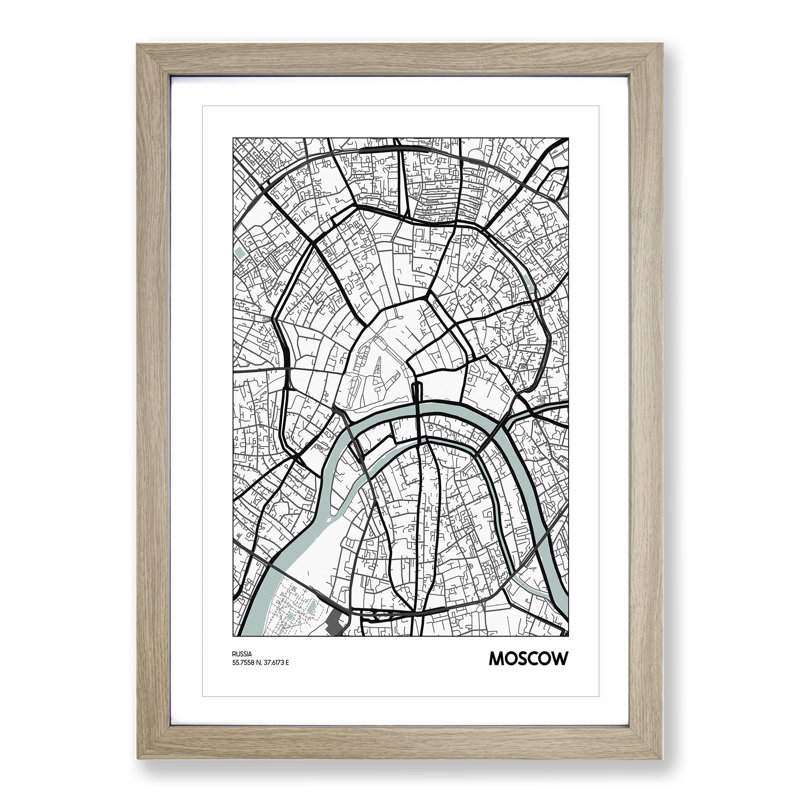 Map Moscow Russia - Picture Frame Graphic Art, 90cm H x 65cm W x 2cm D, Oak