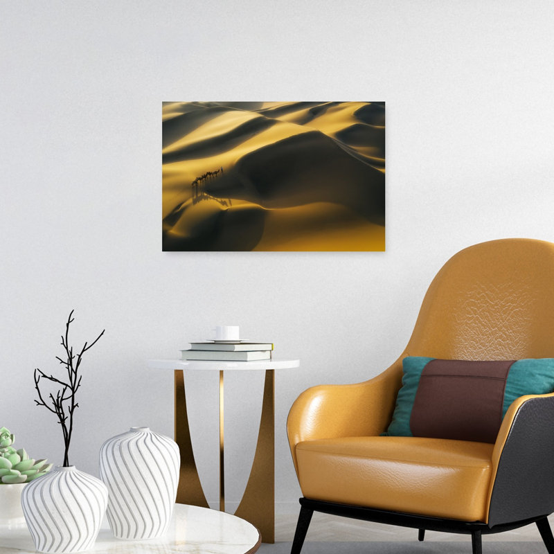 Golden Desert Caravan Serene Tranquil Abstract Landscape Nature Wall Art Print, H 16 po x l 24 po