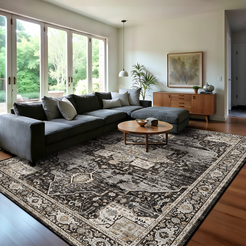 Washable 9x12 Area Rugs - Large Rugs for Living Room Stain Resistant Carpet Vintage Rugs for Bedroom with Non Slip Backing Home Decor Floor Decoration Mat (9x12 Black)
