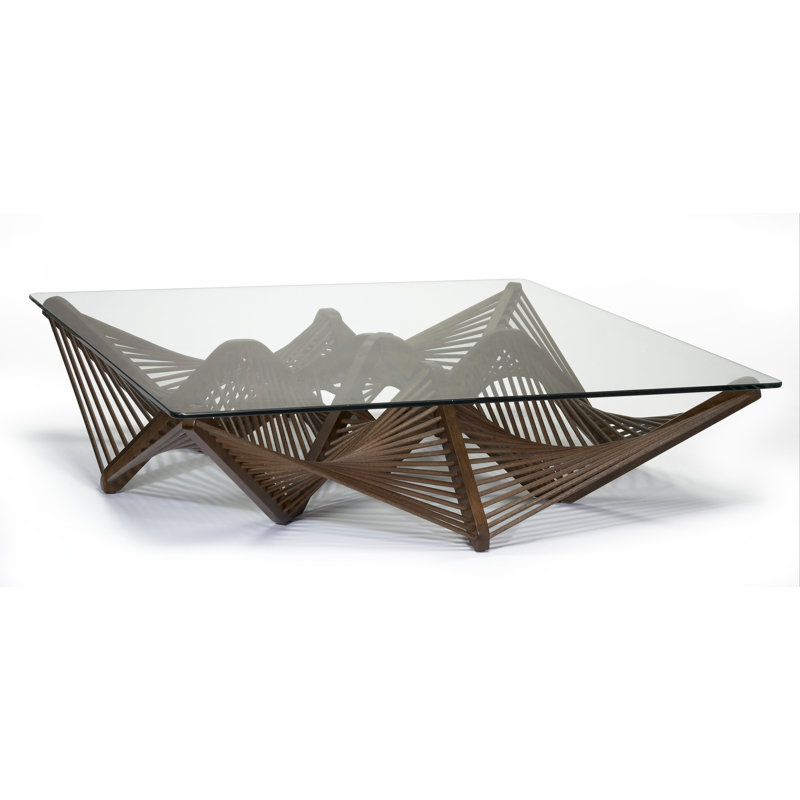 Modern Medium Brown Glass Top Coffee Table with Geometric Base