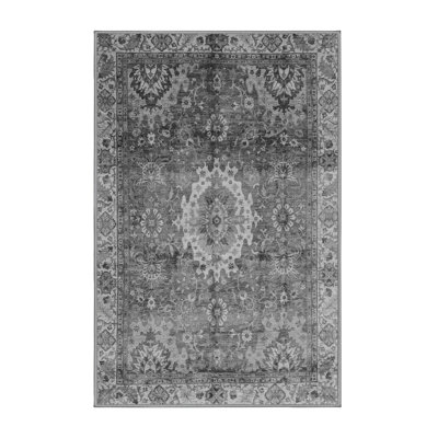 Tapis oriental gris tissé à la machine en gris / blanc / noir