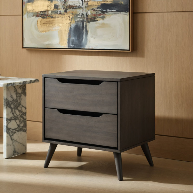 Table de chevet Mid-Century moderne de couleur grise 1 pièce avec pieds fuselés et 2 tiroirs, Gris