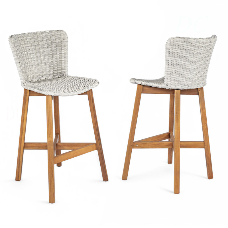Tabouret de bar d'extérieur Lymington, bois de teck avec osier gris clair, ensemble de 2, Gris clair