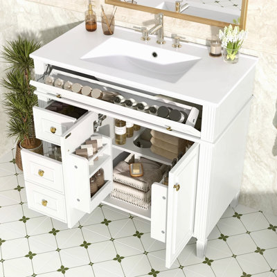 Meuble-lavabo de 36 po avec lavabo en bois massif avec tiroir escamotable, 3 tiroirs et 2 portes à fermeture en douceur, poignées dorées et design moderne