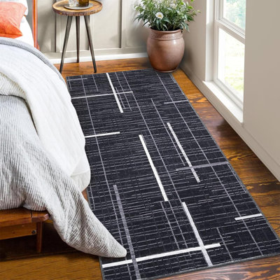 2x6 Washable Thin Indoor Rug, Modern Interwoven Lines, Low Pile, Stain-Resistant, Non-Slip for Living Room, Bedroom, Kitchen, Beige