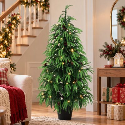 Sapin de Noël artificiel réaliste de 1,20 m, préilluminé et alimenté par piles, avec pommes de pin, 100 lumières DEL blanc chaud et minuterie