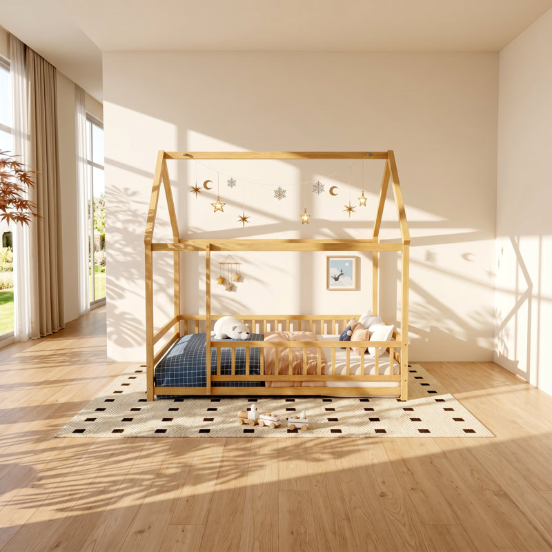 Lit de sol en bois de pin massif avec cadre de maison et garde-corps de sécurité Montessori l 60 po x P 77 po x H 74 po
