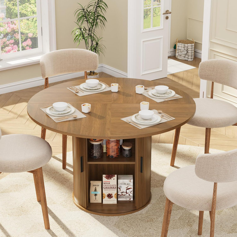 47" Round Dining Table for 4 with 2-Tier Hidden Storage Shelf and Sliding Wood Door, Space-Saving Kitchen & Dining Room Table